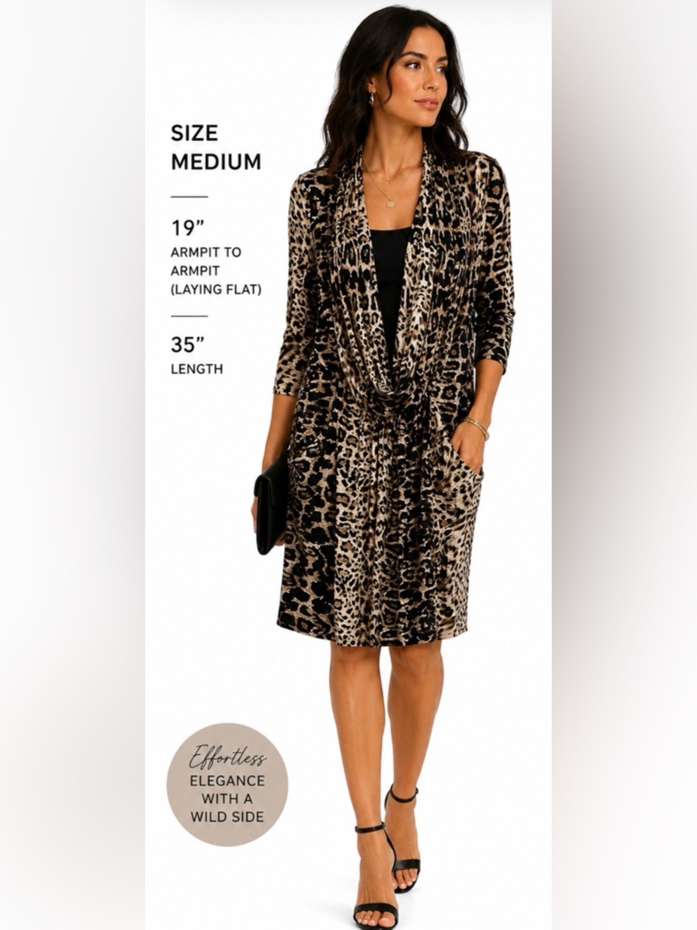 Papillon Blanc Leopard Print Drape Front Dress in Black and Brown